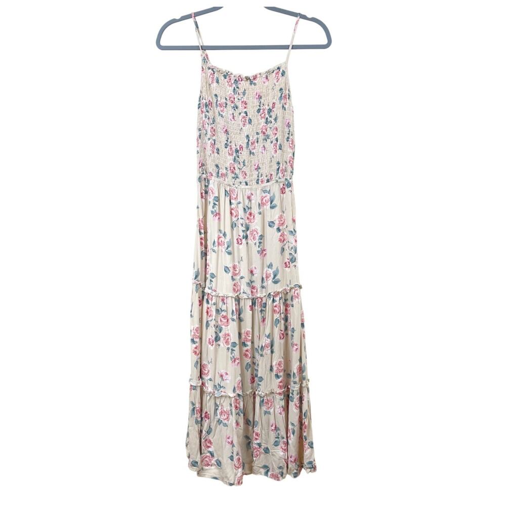 Womens Dress Sz S Slip Fairy Cottage Maxi Tiered Drop Waist Smocked Floral Boho
